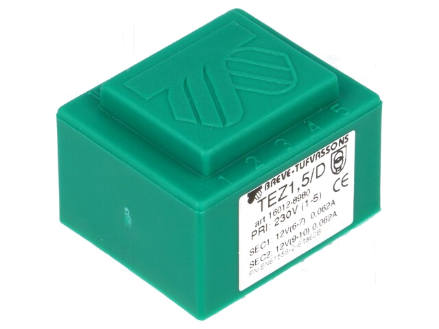Transformator: ingegoten; 1,5VA; 230VAC; 12V; 12V; 62,5mA; 62,5mA Transformator: ingegoten; 1,5VA; 230VAC; 12V; 12V; 62,5mA; 62,5mA